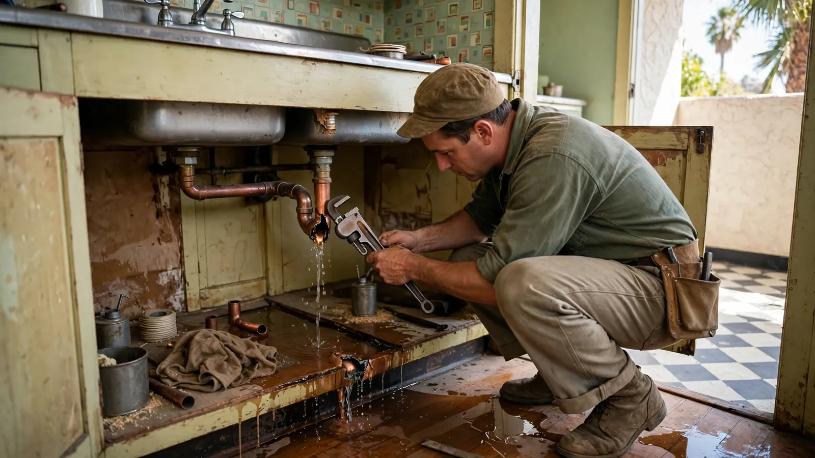 Plumber repairing a leaking copper pipe under a kitchen sink with water on the cabinet floor