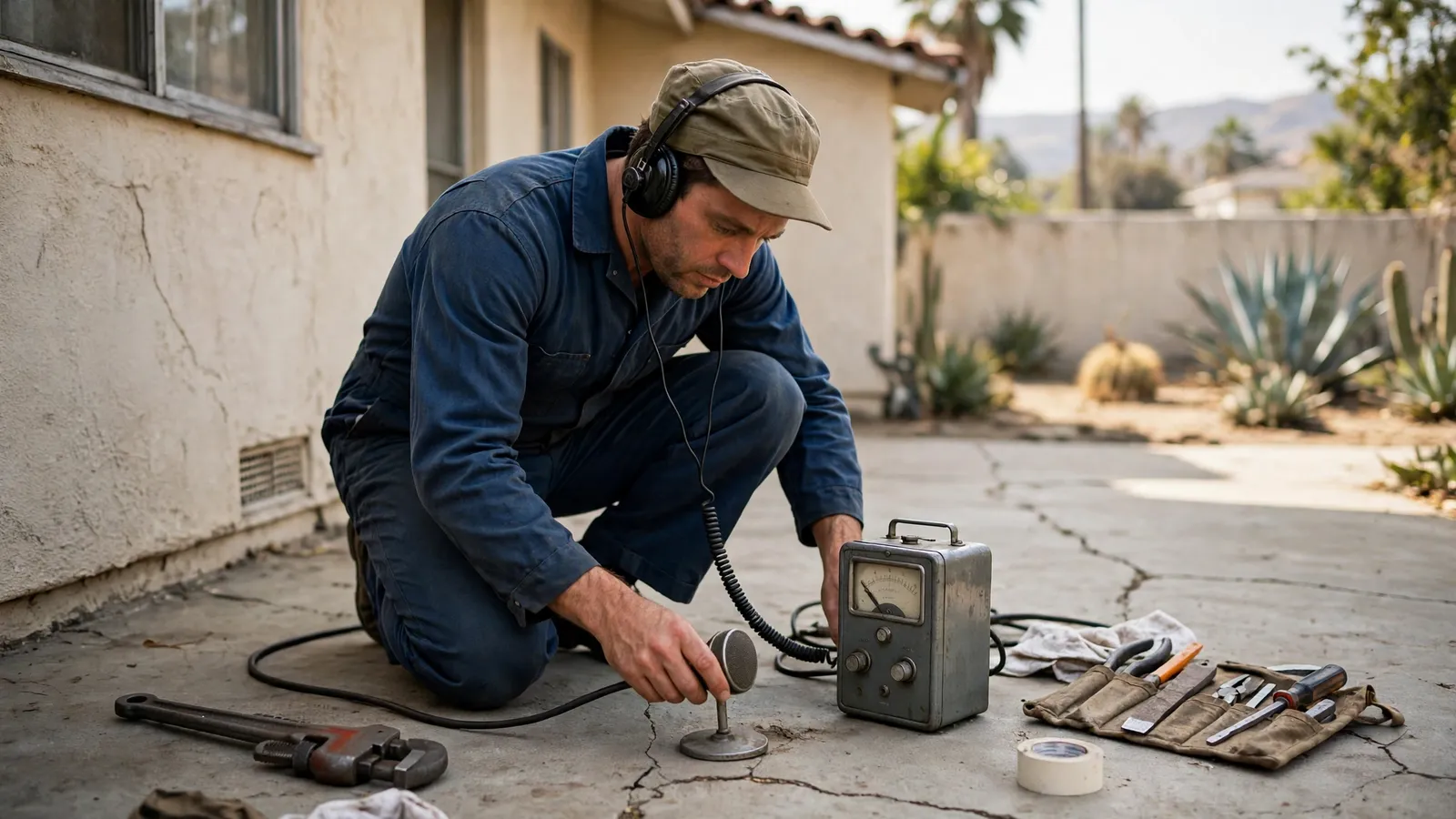 Plumber listening with an acoustic leak detection headset and ground microphone on a concrete patio