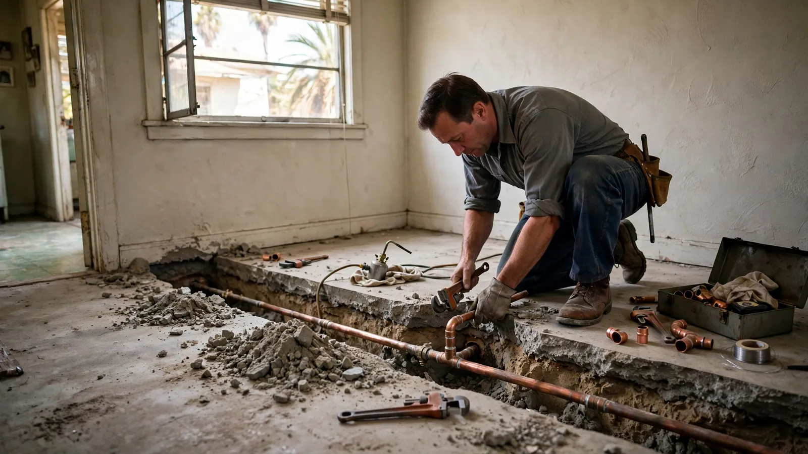 Plumber working in an opened concrete slab trench that exposes a copper water line