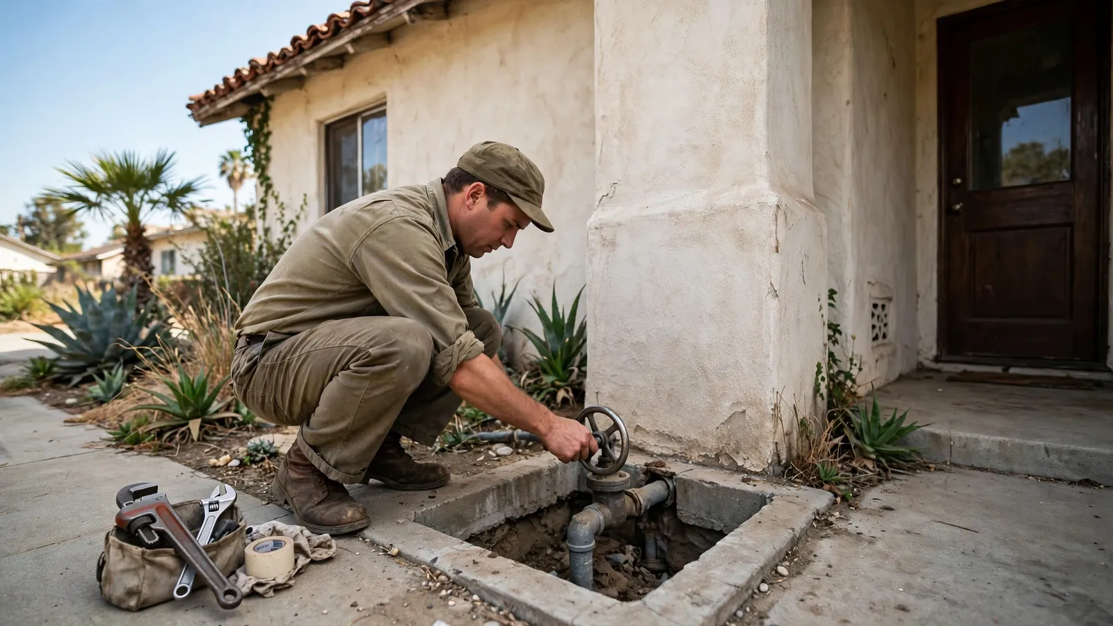 Plumber turning a main water shutoff valve in front of a stucco house
